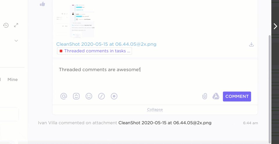 ClickUp user creating a threaded comment