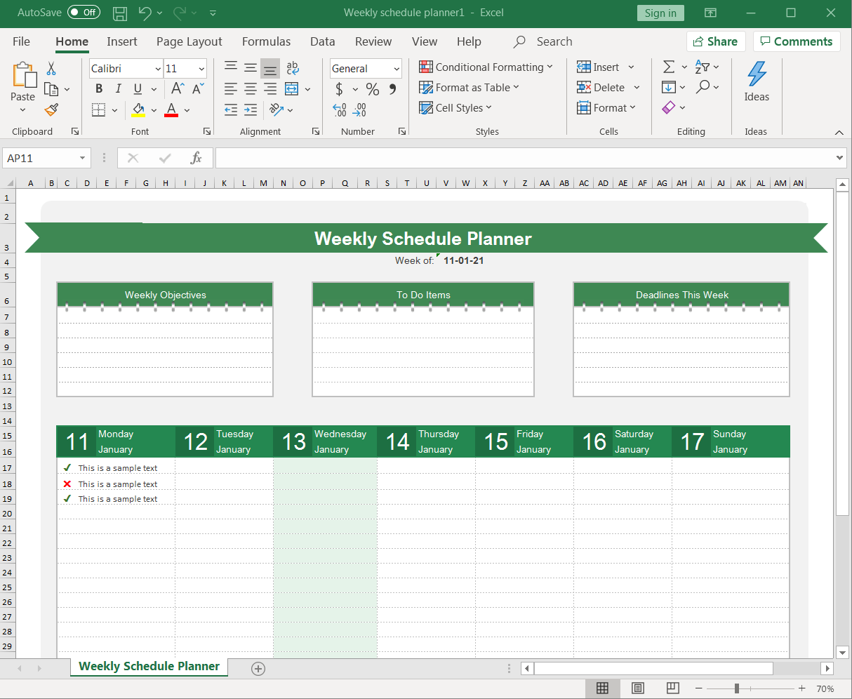 spreadsheet formatted as a weekly planner
