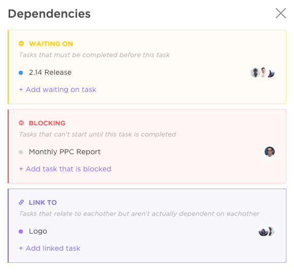 lista de las diferentes dependencias en ClickUp