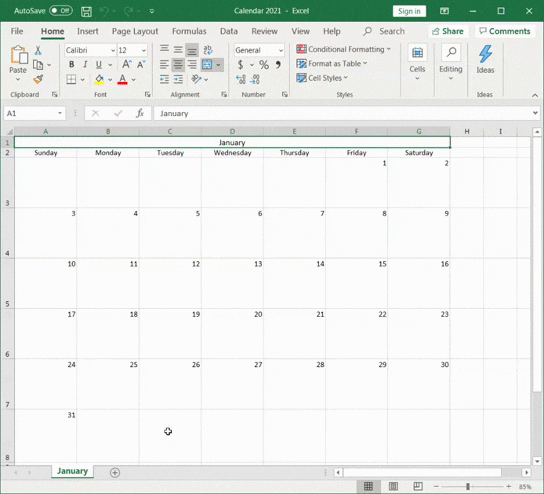 spreadsheet with January calendar