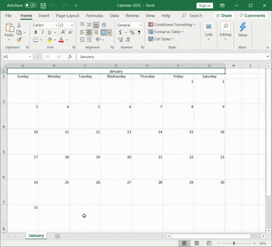 tabellenkalkulation mit Januar-Kalender