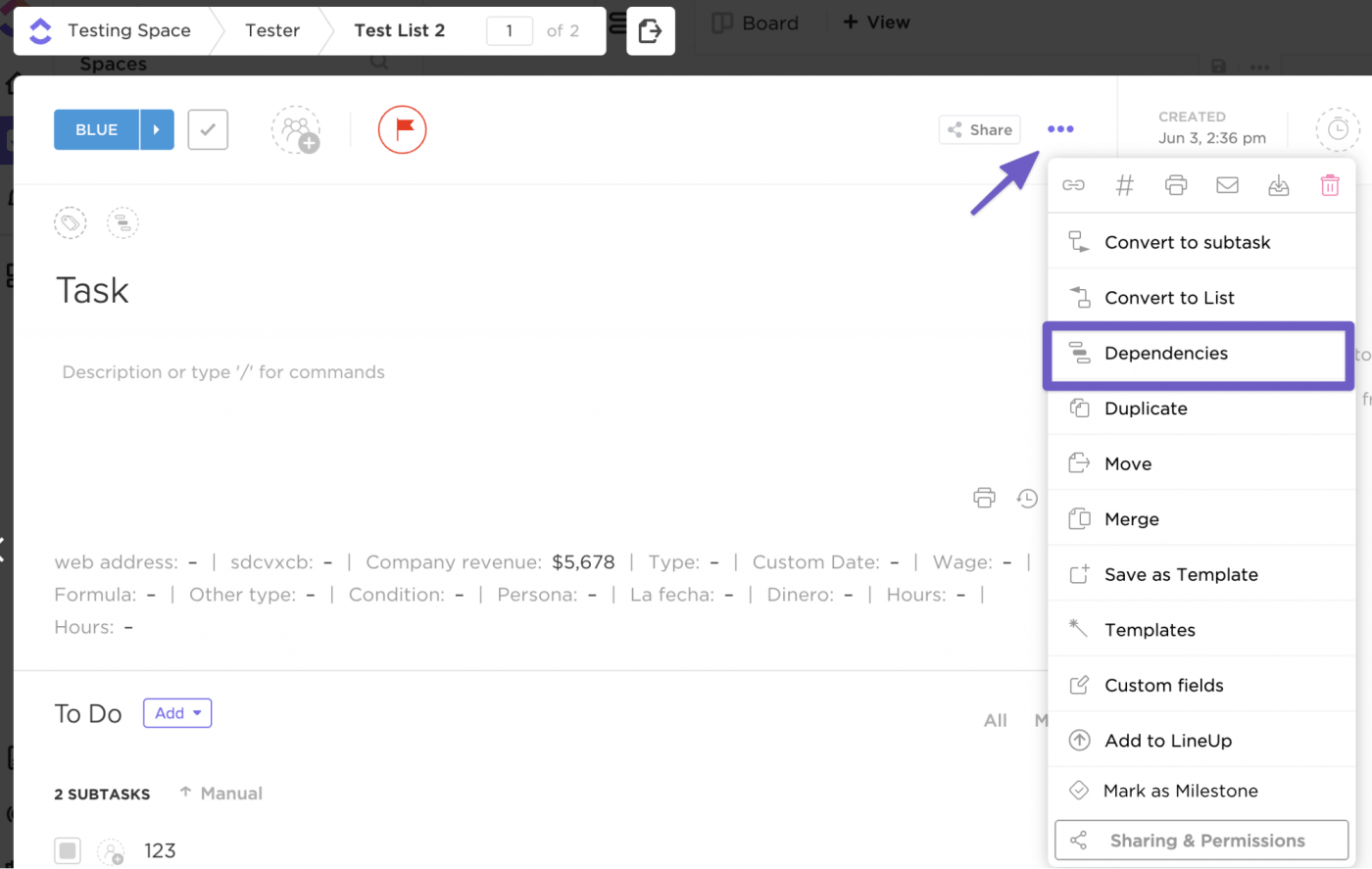 arrow pointing to dropdown menu in task on ClickUp