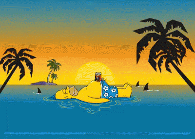 Homer Simpson floating on the water at sunset