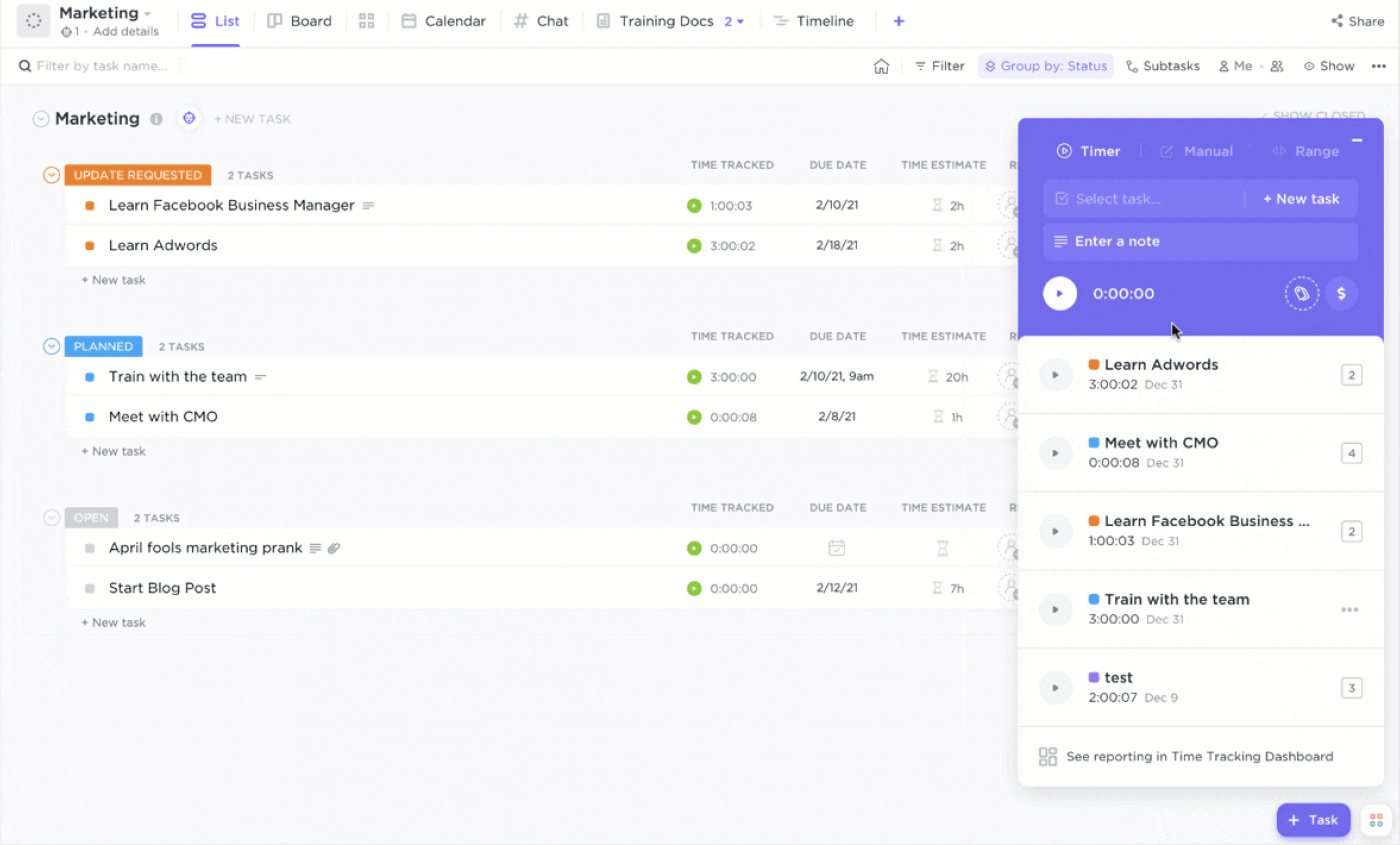 different time tracking solutions in ClickUp