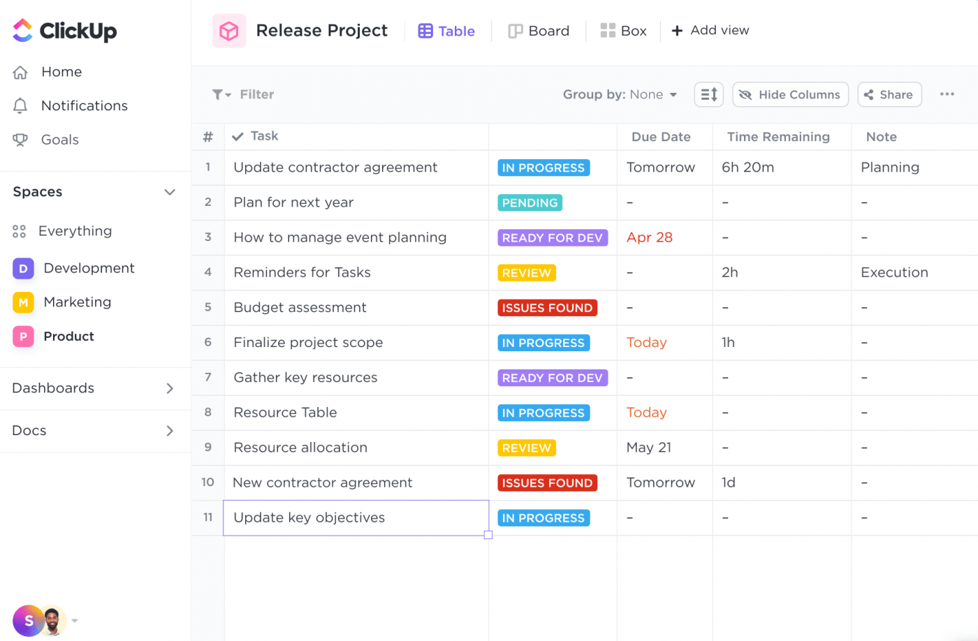 Vista Tabla en ClickUp