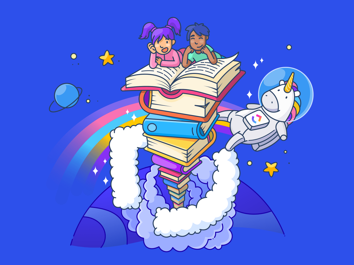 children reading a book in space
