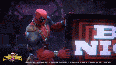 Deadpool pointing to "be nice!" sign