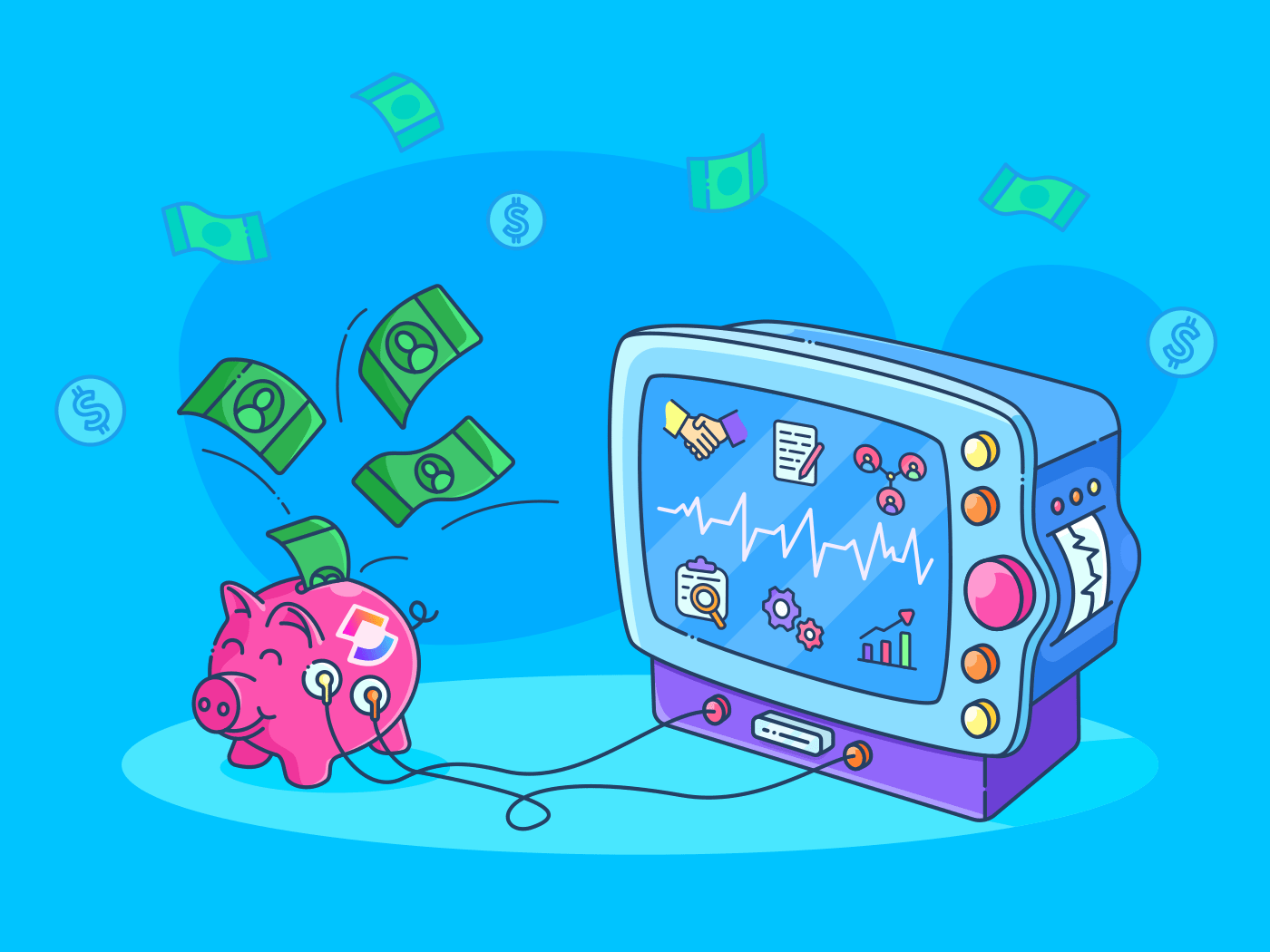 a piggy bank with money and a tv