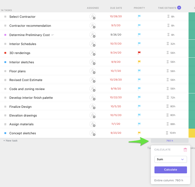 calculs de colonnes dans ClickUp