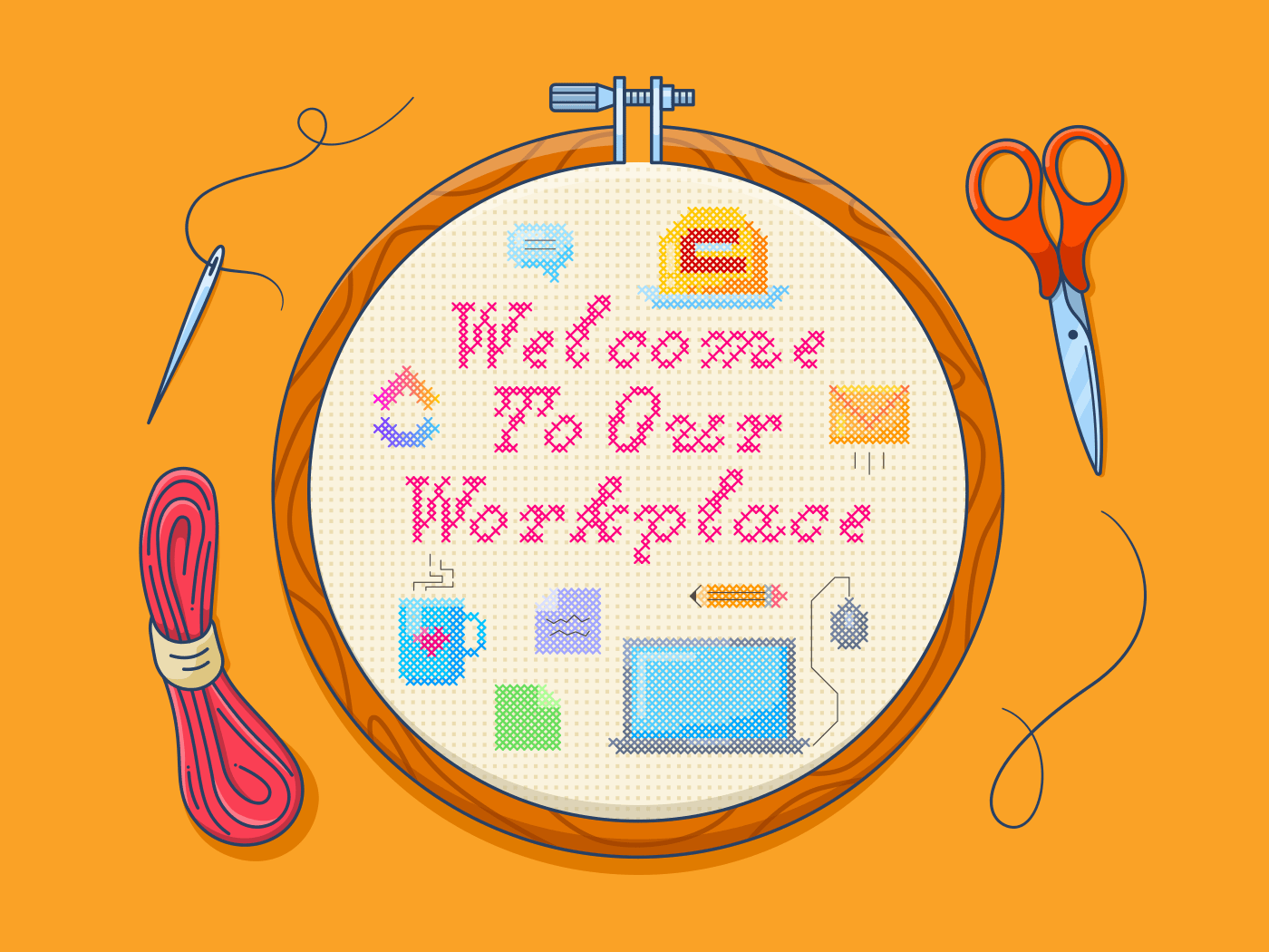 Welcoming new team members cross stitch illo