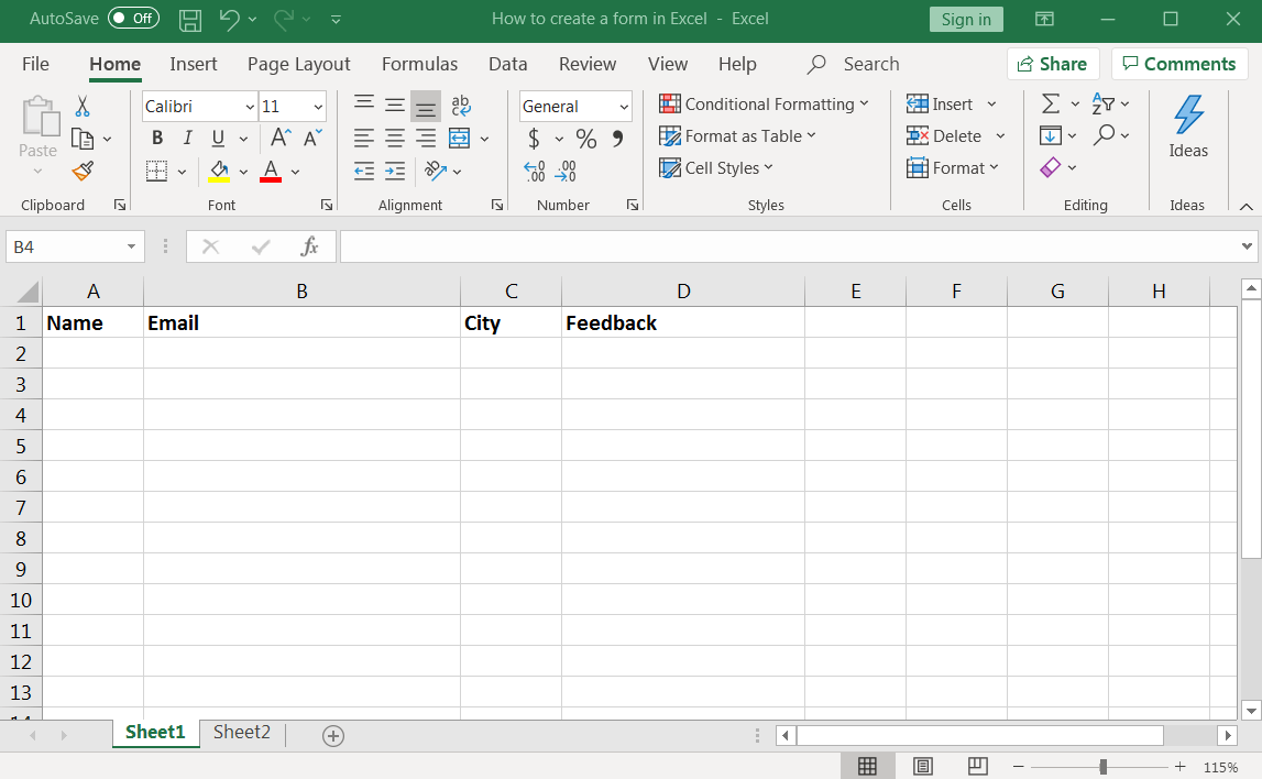 columns in an excel sheet