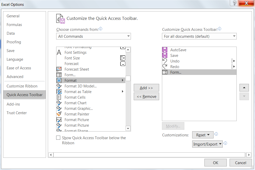 customize quick access toolbar in Excel