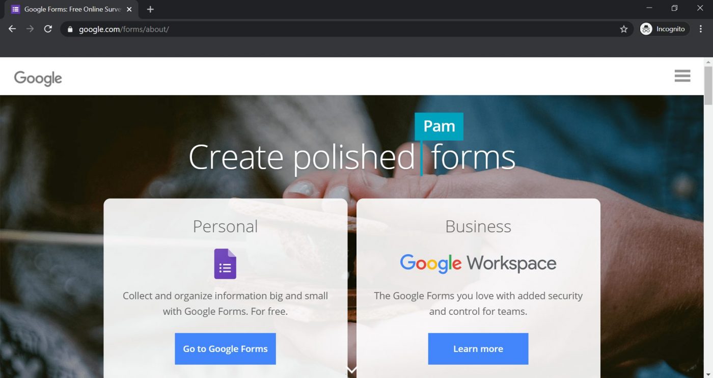 google forms landing page