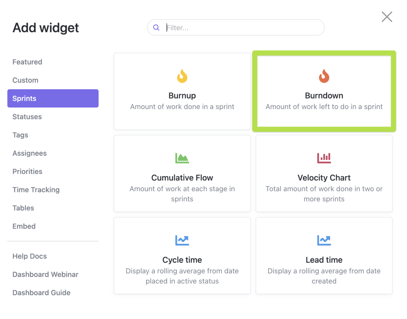 Sprint Widget options in ClickUp