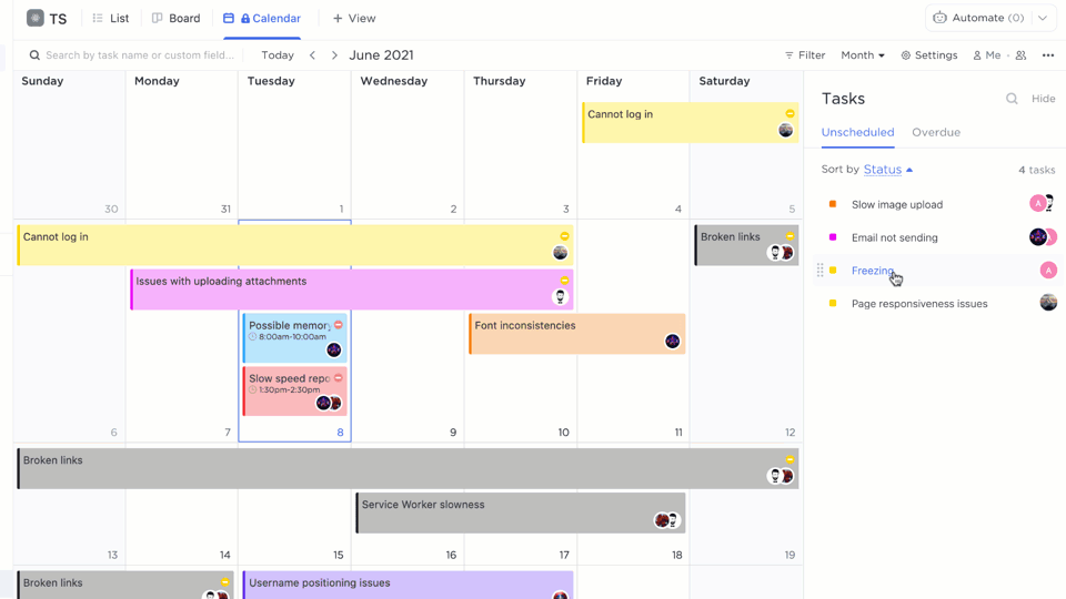 Trascinamento delle attività Visualizzazione del calendario