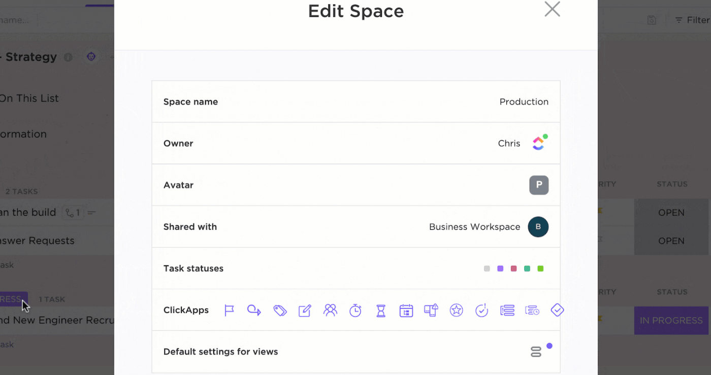 edit space menu clickup