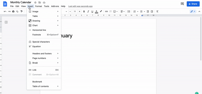 inserting a table in Google Doc
