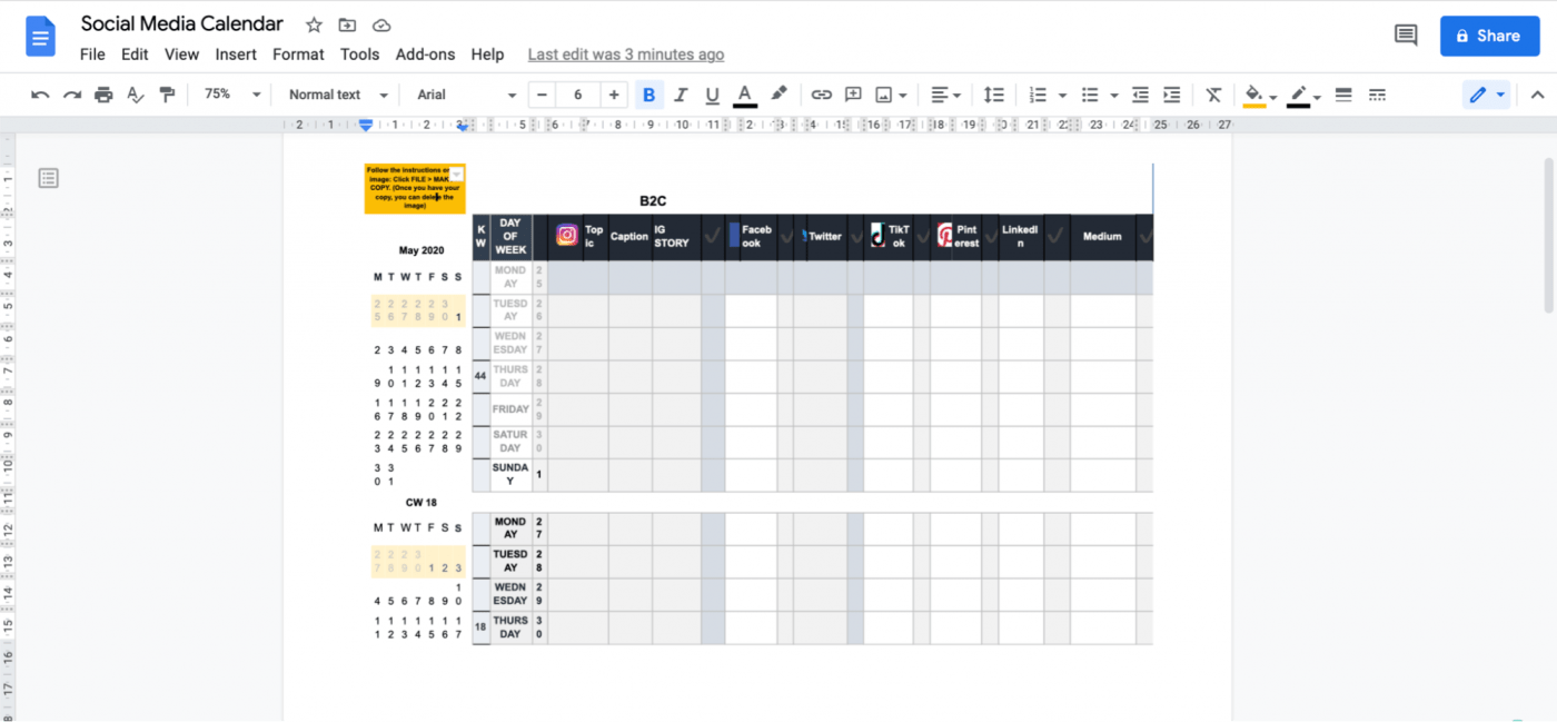 social media calendar in Google Doc