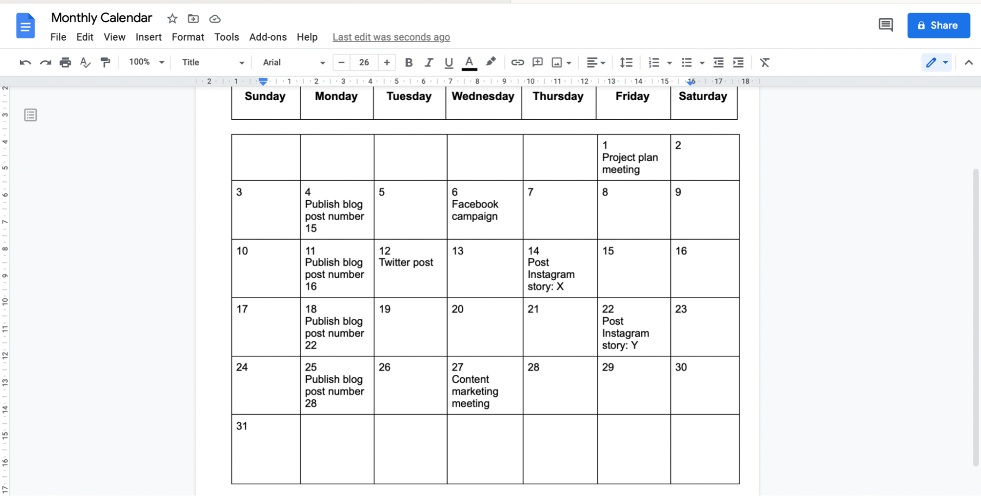 calendar template for google docs daily schedule