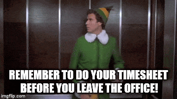Elf elevator scene with remember to do your timesheet text gif