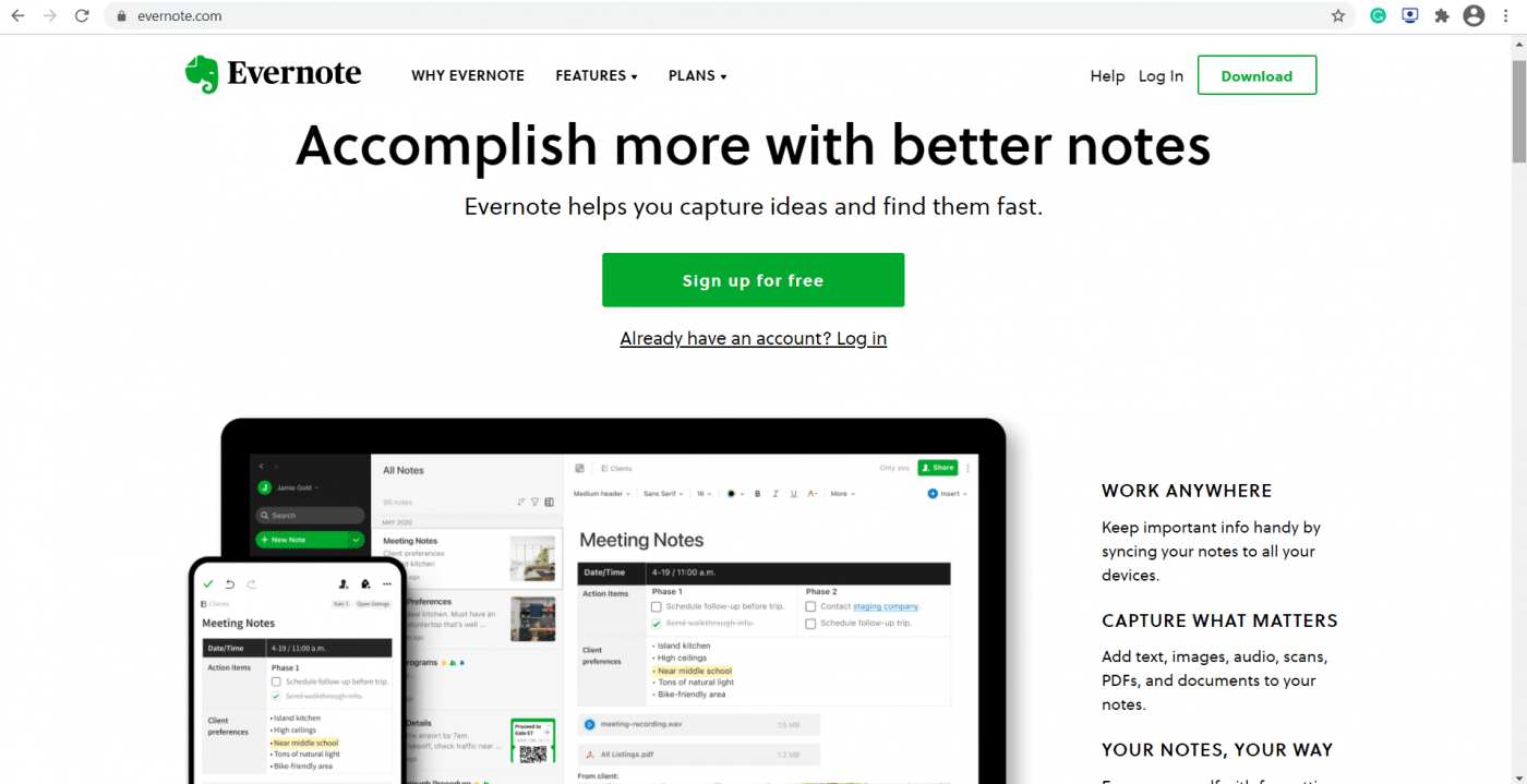 Homepage di Evernote