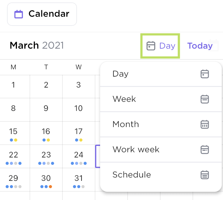 Opciones de vista del Calendario en la aplicación móvil de ClickUp