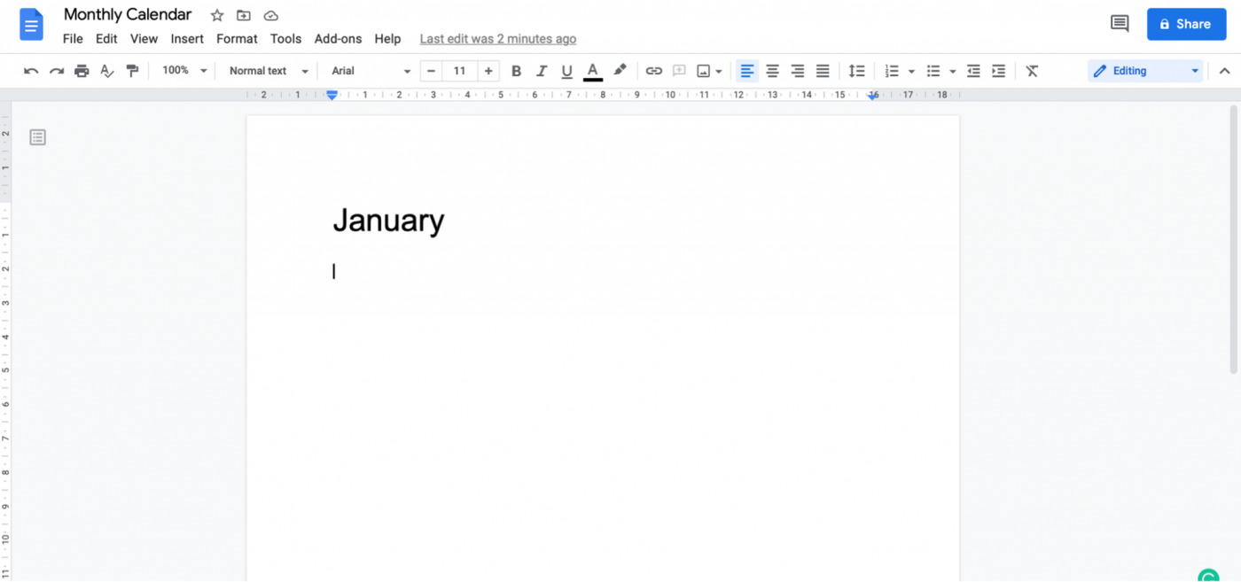 calendário mensal do Google Doc