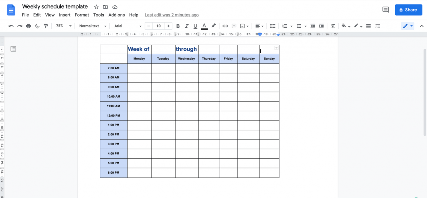 weekly schedule template in Google Doc