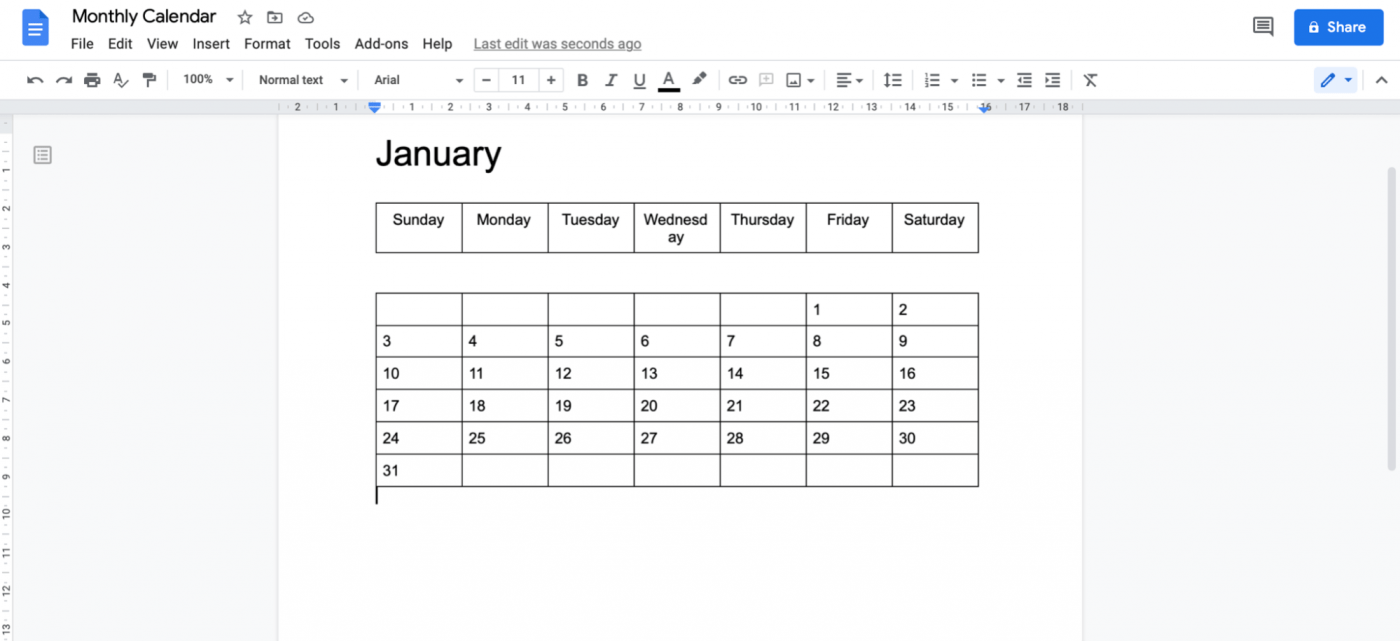 creating a calendar in Google Doc