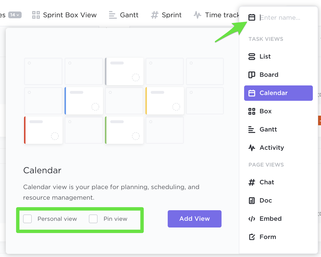 visualizações no clickup