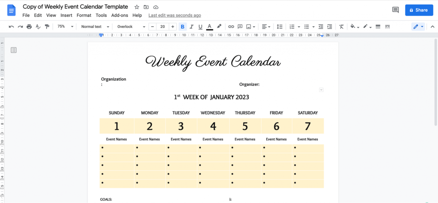 sjabloon voor wekelijkse evenementenkalender