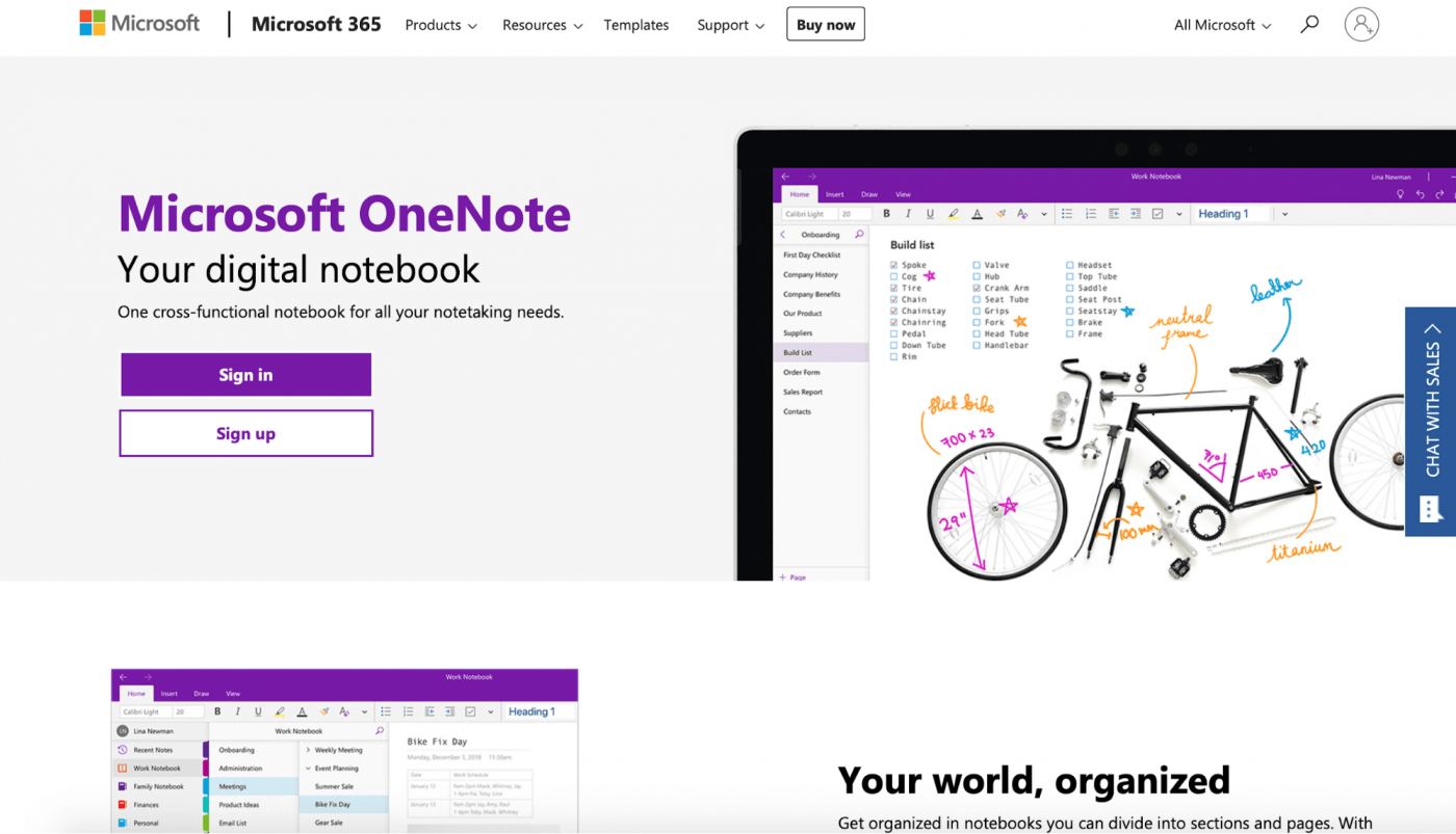 pagina di destinazione di Microsoft OneNote