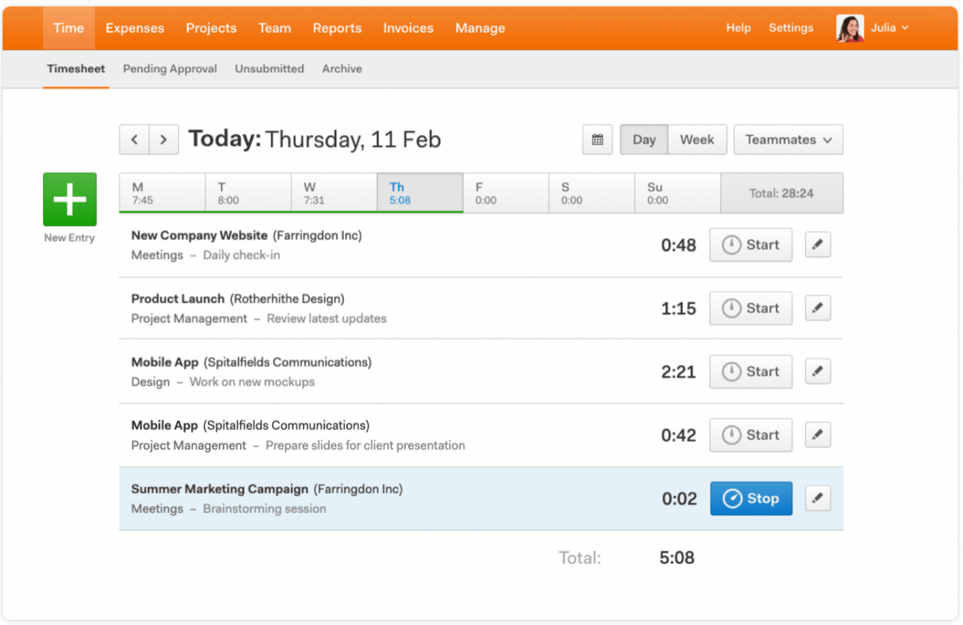 Timesheet in harvest