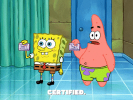 Spongebob and Patrick holding their IDs