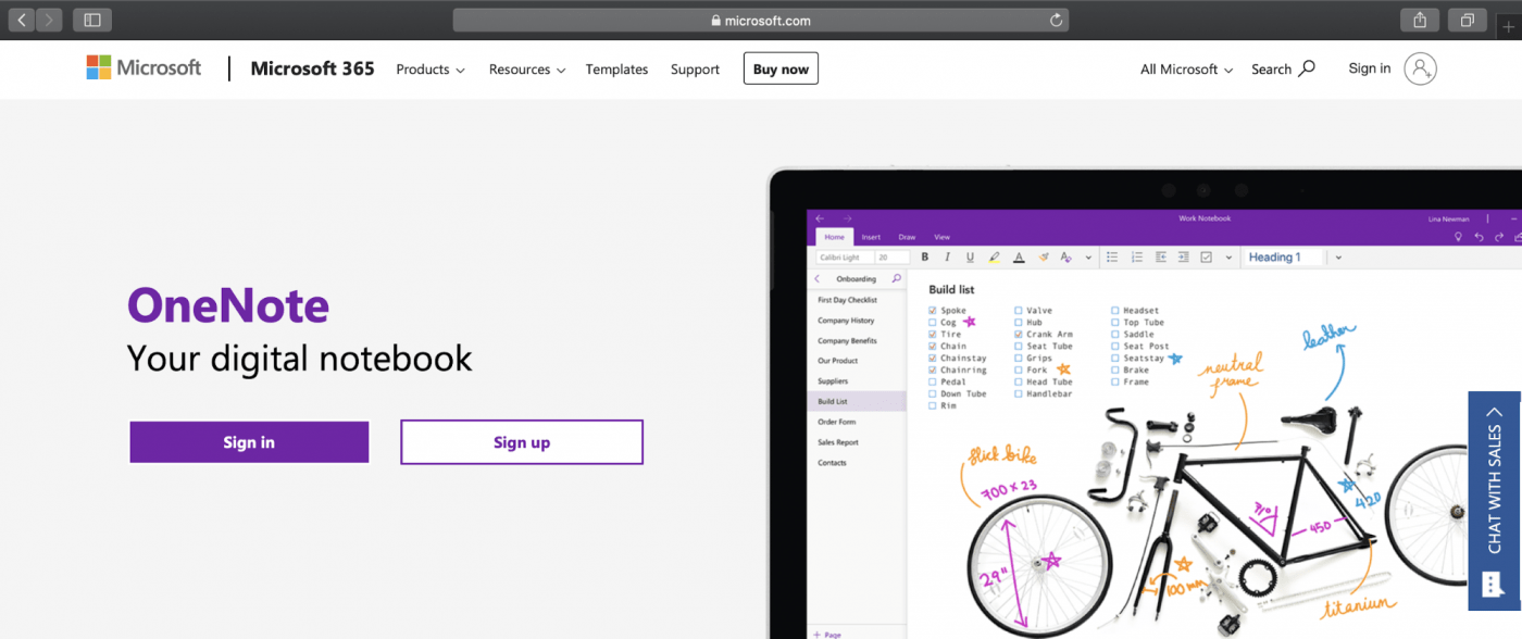 página de destino do onenote