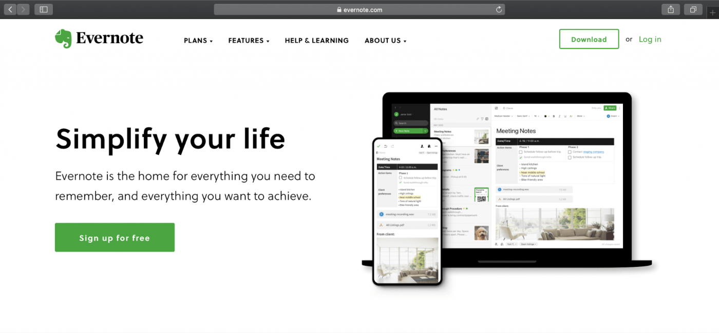 evernote landing page