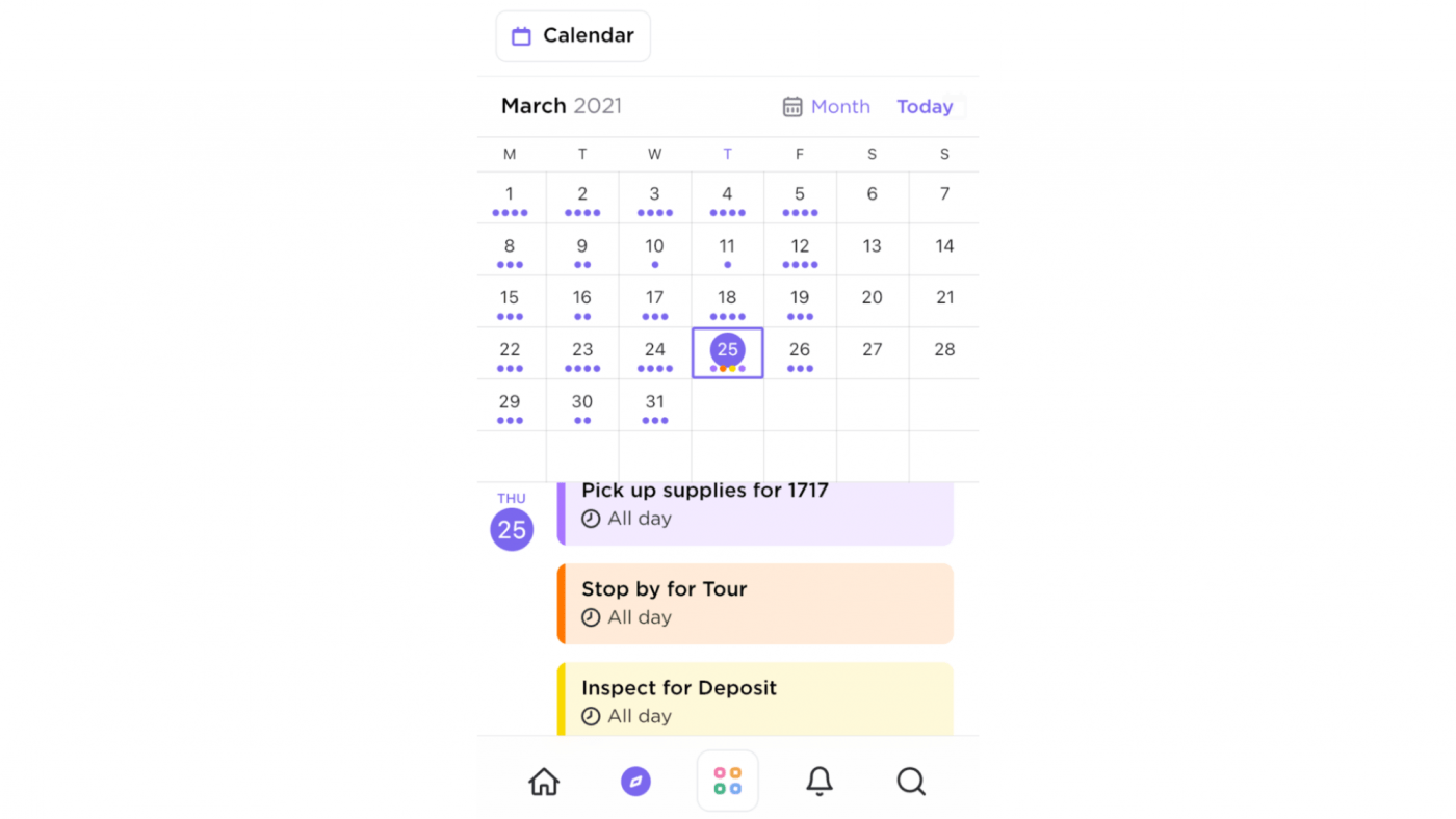 Code couleur d'une tâche dans la vue du calendrier de l'application mobile ClickUp