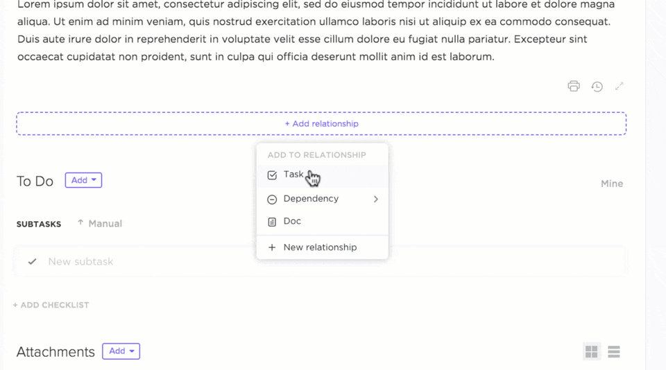 Adding task relationships within a task in ClickUp