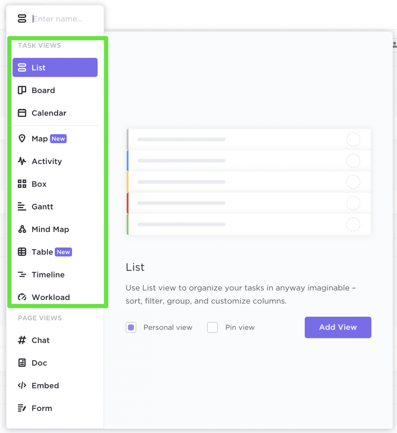 Task view options in ClickUp