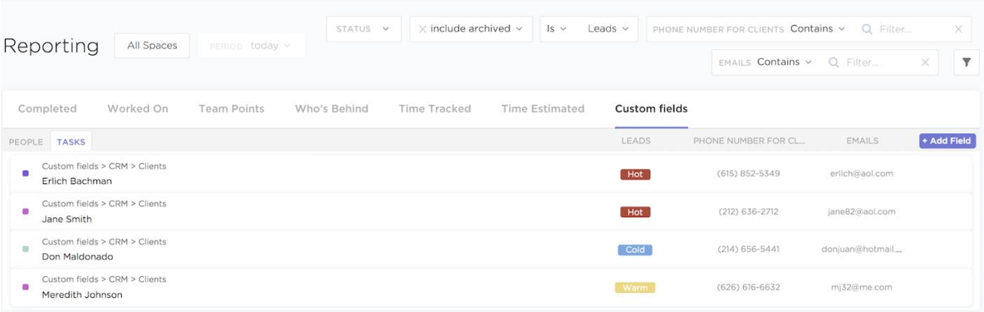 clickup custom fields reporting