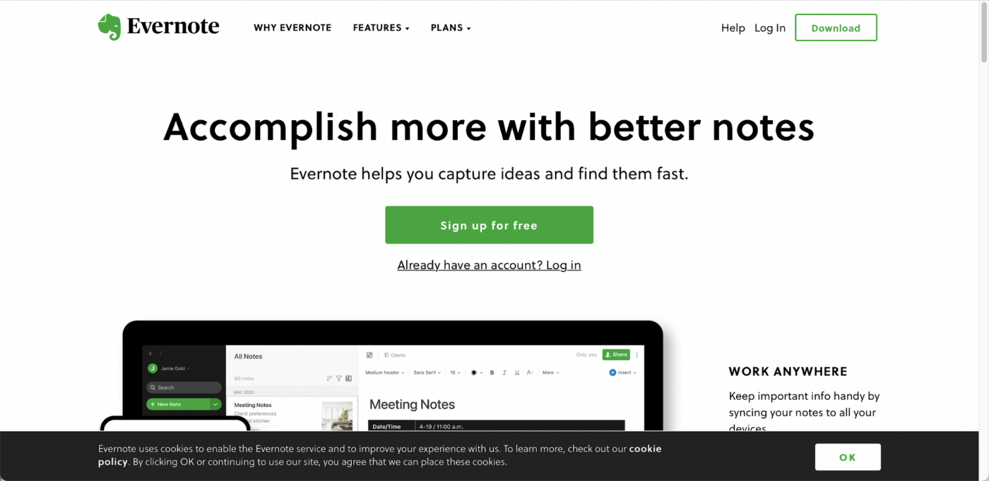 Evernote homepage