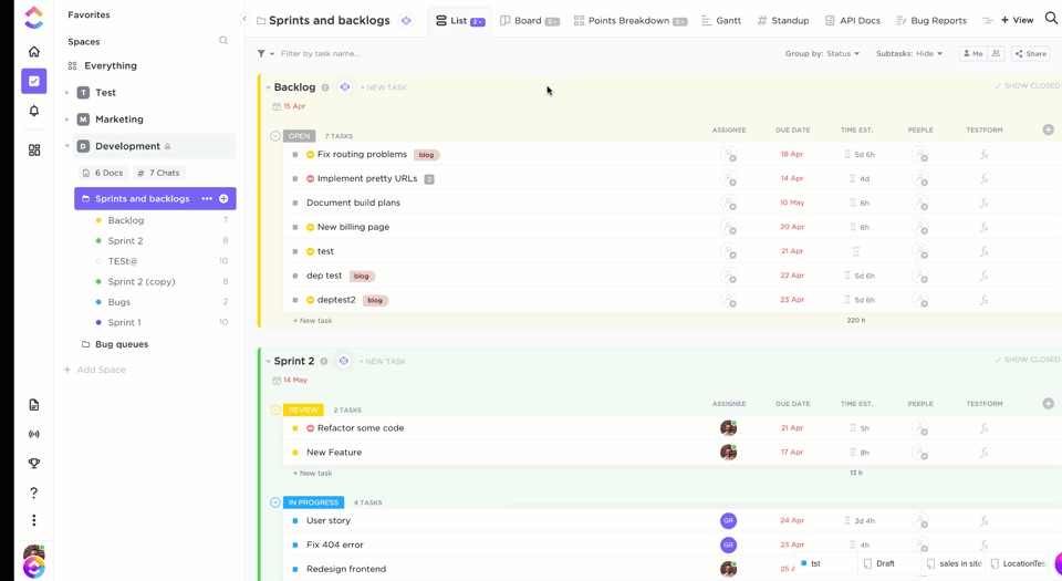 Visualização de lista no ClickUp