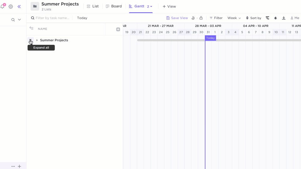 Viewing projects in ClickUp's Gantt chart view 