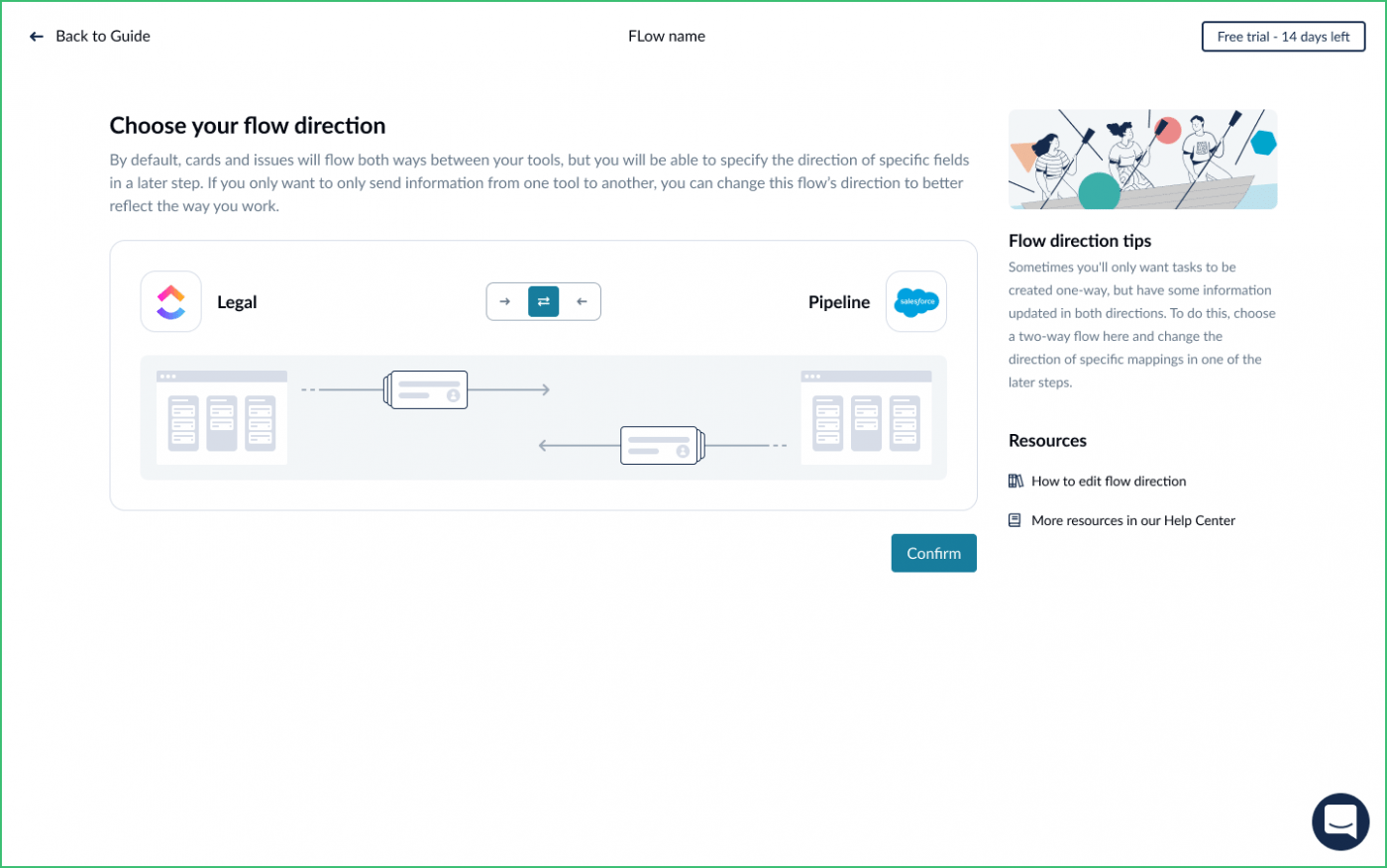 Choose flow of direction Unito ClickUp Salesforce