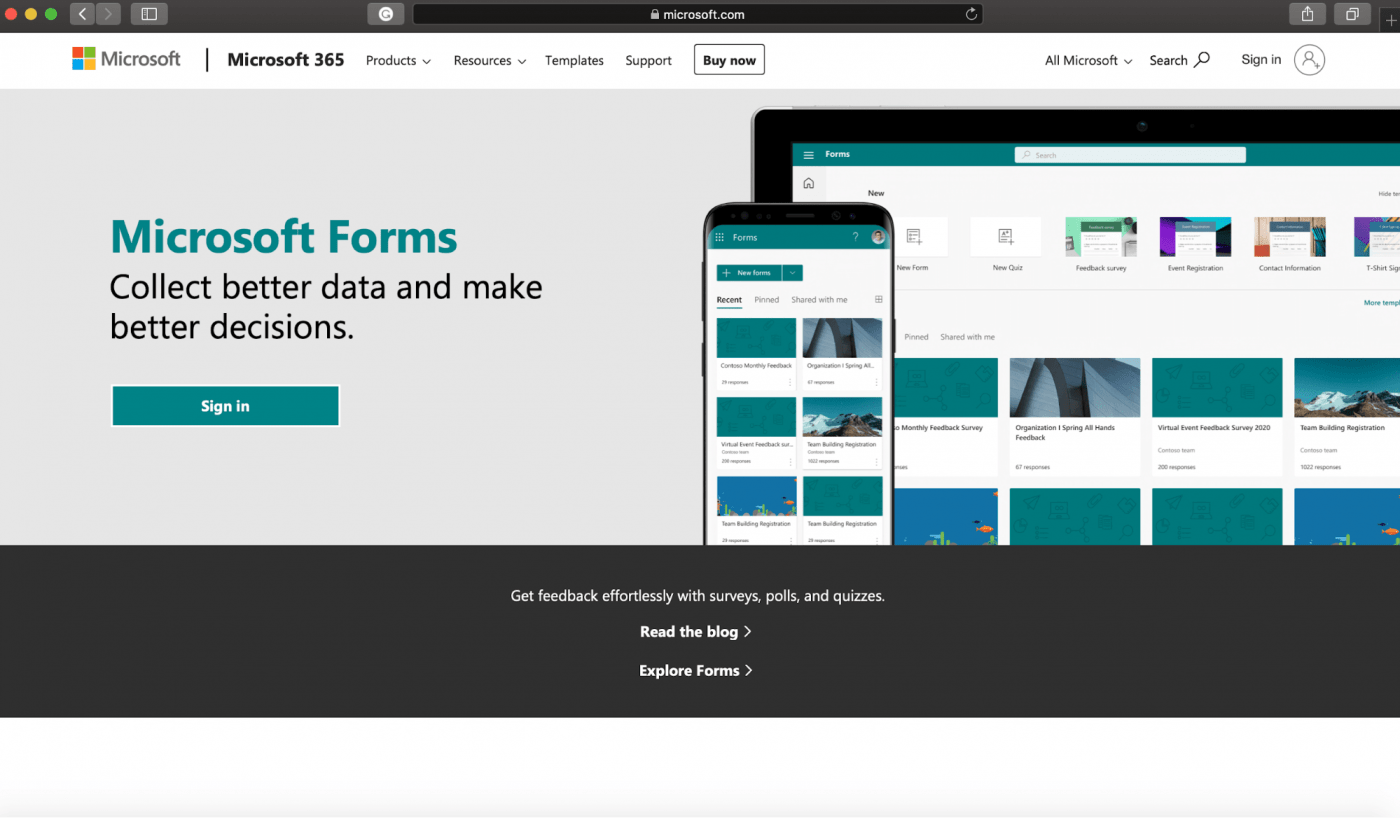 Home page di Microsoft Forms