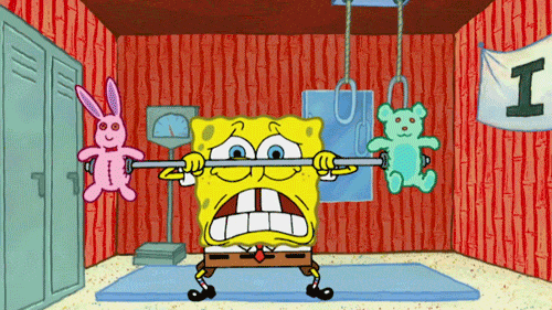 Spongebob working out with a teddy bear barbell