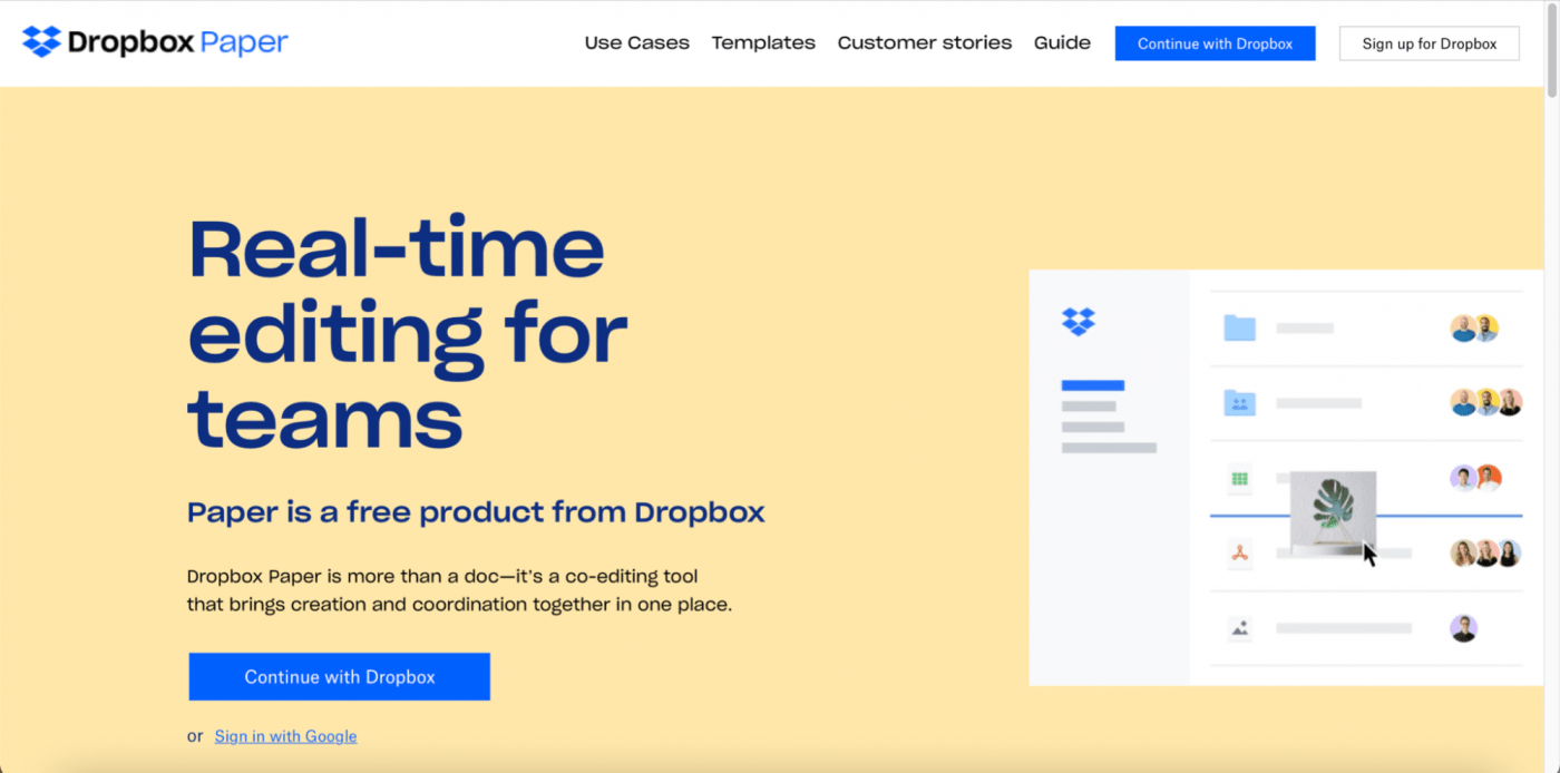 Página inicial do Dropbox Paper