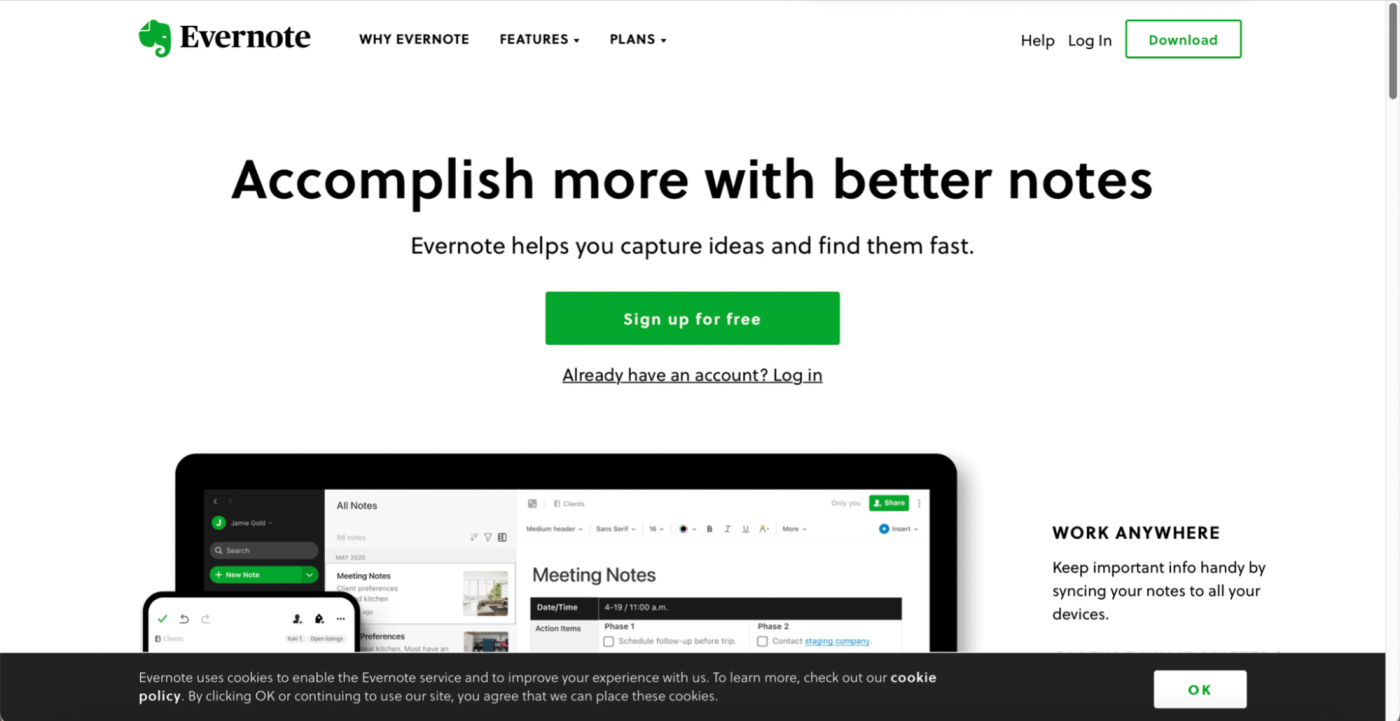 Evernote home page