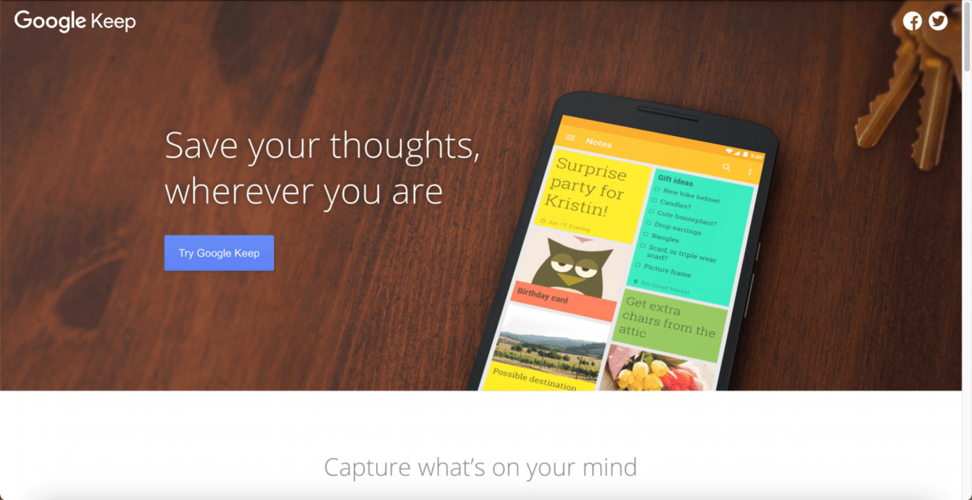 Startpagina van Google Keep