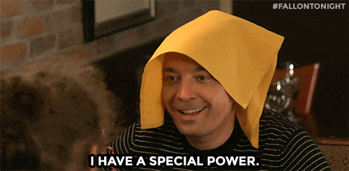 Jimmy Fallon with a yellow rag on his head saying he has a special power